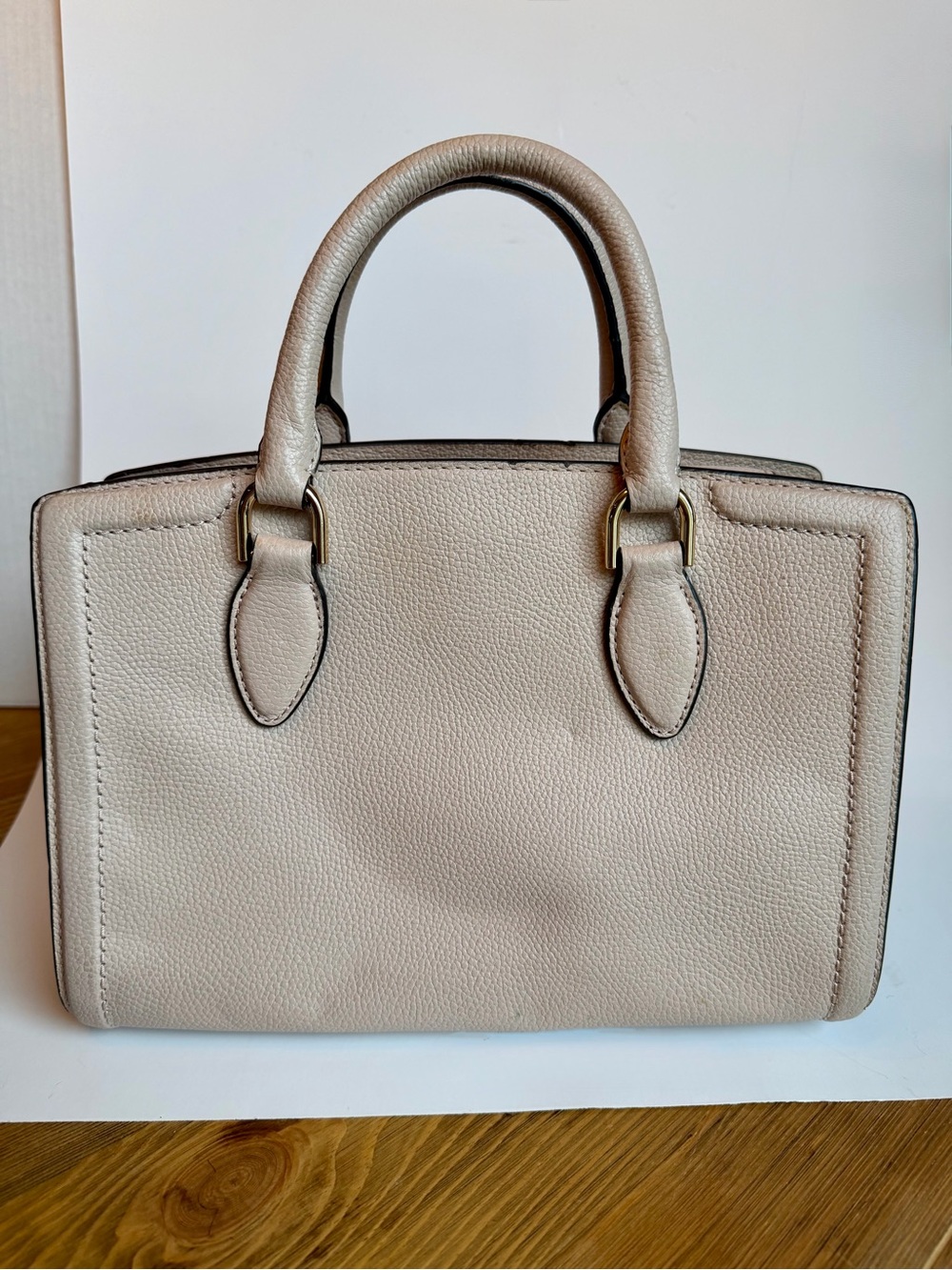 Michael Kors Mercer Pebbled Leather Satchel Handbag Blush Beige Gold Tone Purse - Picture 5 of 16